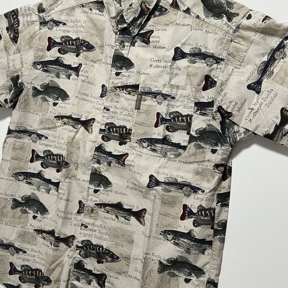 Columbia Shirt Short Sleeve Fish Print Summer Casual Beige Men's size Large